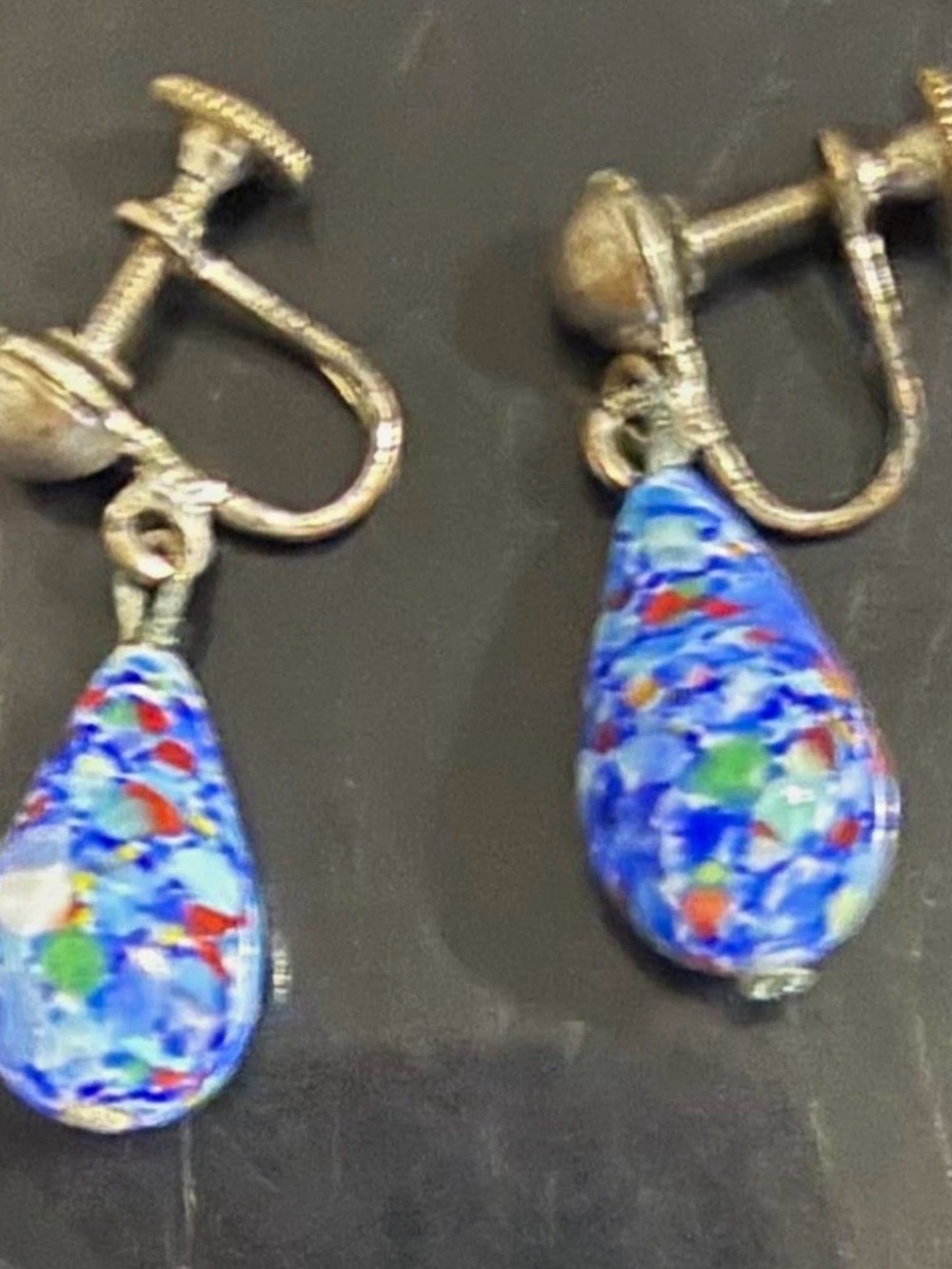 Vintage Blue Multicolor Teardrop Screw-On Earrings